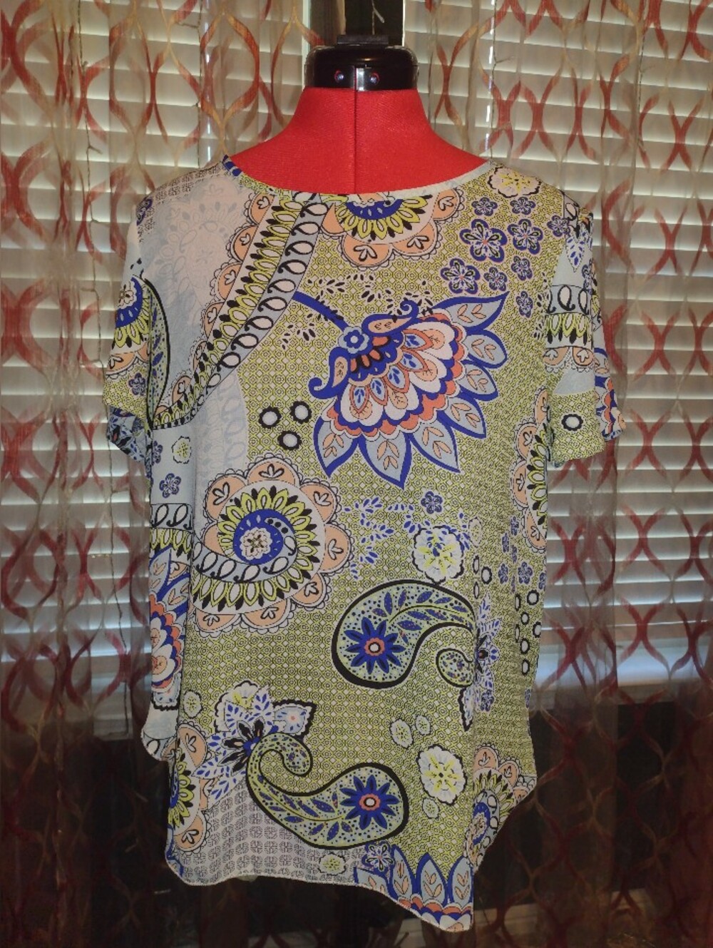 Spense Short Sleeve Paisley Floral Top in Yellow, Blue, Peach